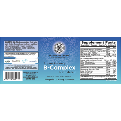 Supplement label for Super-Potency B-Complex Methylated by Mother Earth Labs on a white background.