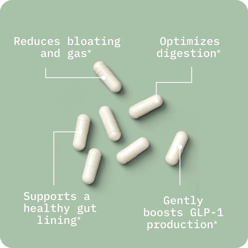 White capsules on a green background with text highlighting benefits