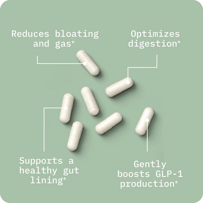White capsules on a green background with text highlighting benefits
