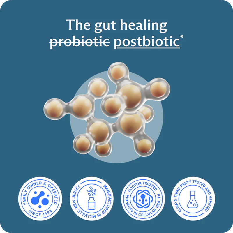Molecular structure with text 'The gut healing probiotic postbiotic' on a blue background, featuring certification logos.