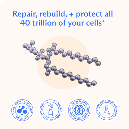 Molecular structure with text about cell repair and rebuilding on a white background