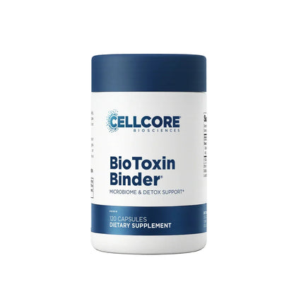 A white bottle of Cellcore Biosciences BioToxin Binder dietary supplement with a dark blue cap and blue text, shown on a plain white background.