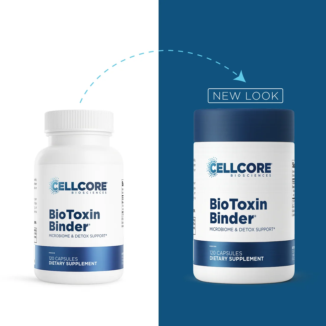 Two supplement bottles from Cellcore Biosciences labeled HM-ET Binder are shown side by side on a split white and dark blue background, with a dashed arrow and the words 'NEW LOOK' indicating a product design update.
