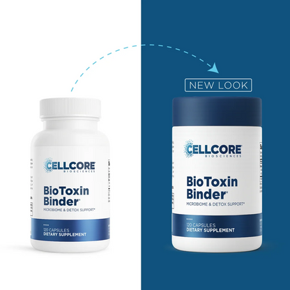 Two supplement bottles from Cellcore Biosciences labeled HM-ET Binder are shown side by side on a split white and dark blue background, with a dashed arrow and the words 'NEW LOOK' indicating a product design update.