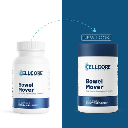 Two white supplement bottles labeled CELLCORE BIOSCIENCES Bowel Mover are shown side by side on a split white and dark blue background, with a dashed arrow and 'NEW LOOK' text indicating a product design update.