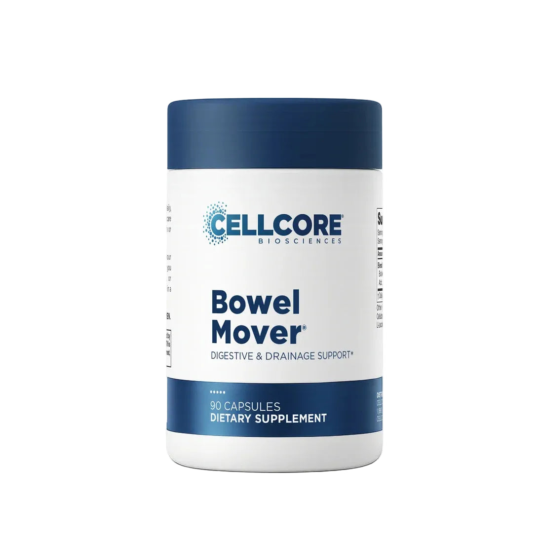 A white plastic bottle of Cellcore Biosciences Bowel Mover dietary supplement with a dark blue cap and blue text on the label, set against a plain white background.