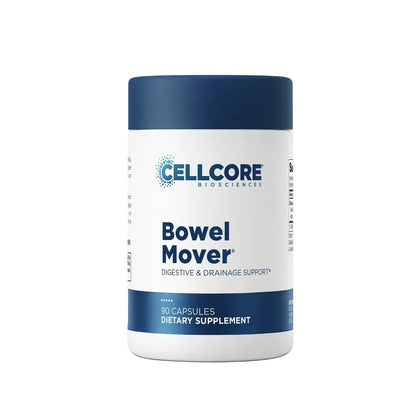 A white plastic bottle of Cellcore Biosciences Bowel Mover dietary supplement with a dark blue cap and blue text on the label, set against a plain white background.