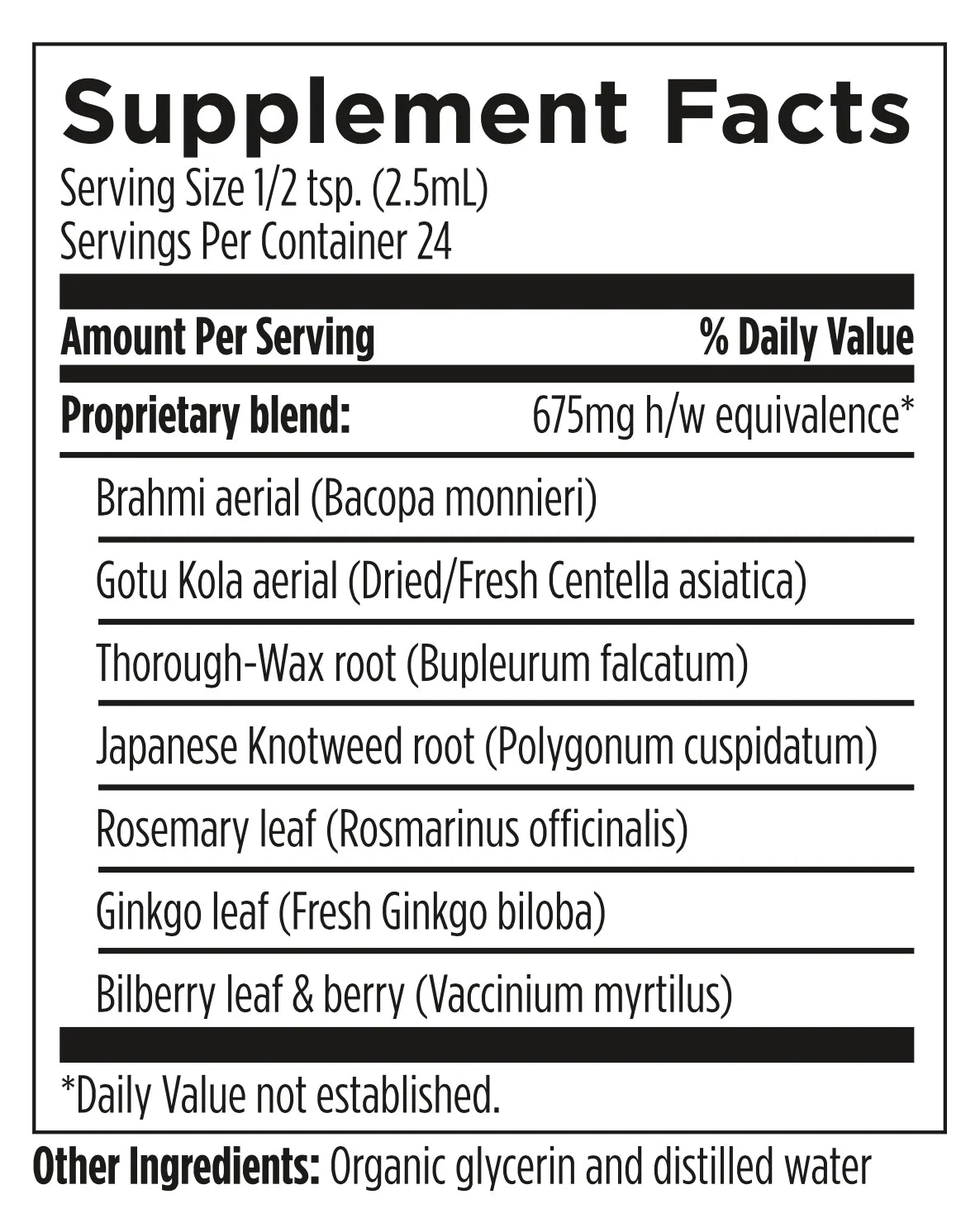 Supplement facts label with herbal ingredients listed