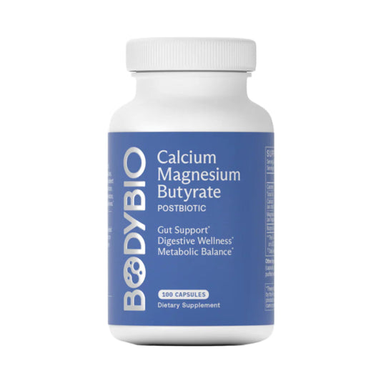 Supplement bottle labeled 'Calcium Magnesium Butyrate' by BODYBIO on a white background
