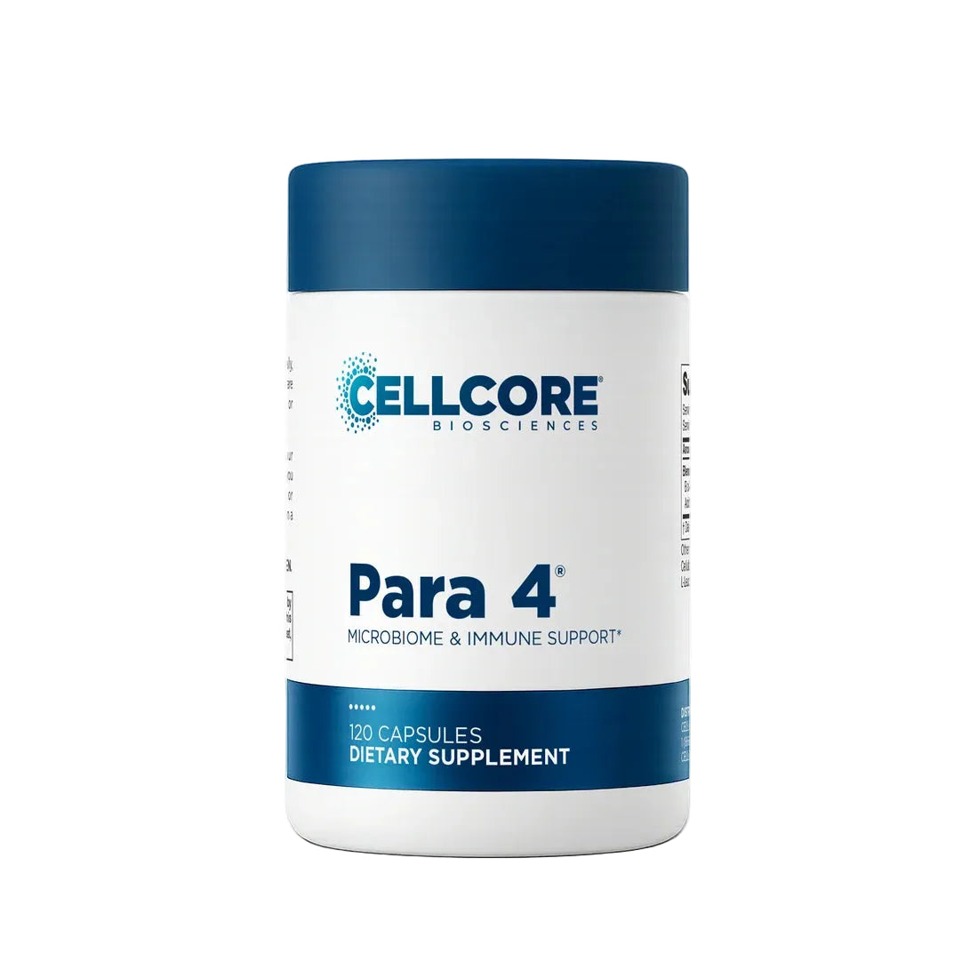 A white bottle of Cellcore Biosciences Para 4 Microbiome & Immune Support dietary supplement with a dark blue cap and blue accents on the label.
