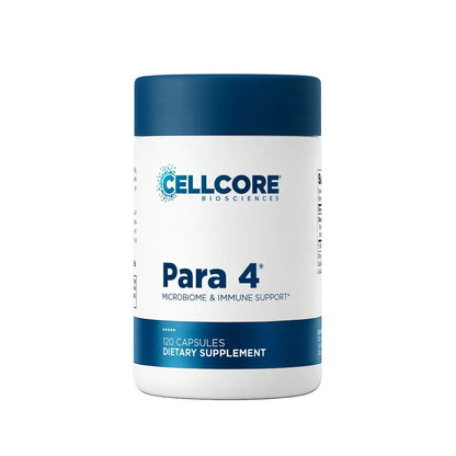 A white bottle of Cellcore Biosciences Para 4 Microbiome & Immune Support dietary supplement with a dark blue cap and blue accents on the label.