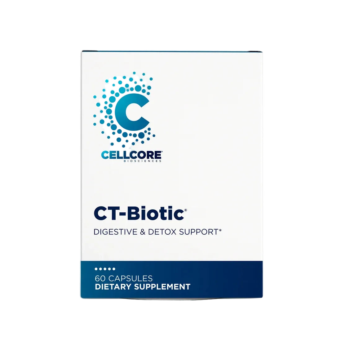 A white rectangular supplement box for Cellcore Biotics CT-Biotic, featuring a blue and navy logo and text, with '60 CAPSULES DIETARY SUPPLEMENT' on a dark blue band at the bottom, shown on a white background.