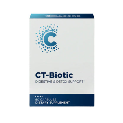 A box of CT-Biotic dietary supplement by Cellcore with 60 capsules, labeled for digestive and detox support.