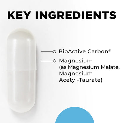 A white capsule-shaped supplement container shown next to text reading 'KEY INGREDIENTS' with 'BioActive Carbon' and 'Magnesium (as Magnesium Malate, Magnesium Acetyl-Taurate)' listed on a white background.