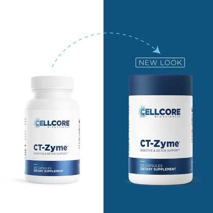 Two Cellcore Biotechnologies CT-Zyme dietary supplement bottles shown side by side on a split white and dark blue background, with a dashed arrow and the words 'NEW LOOK' indicating a redesigned bottle appearance.