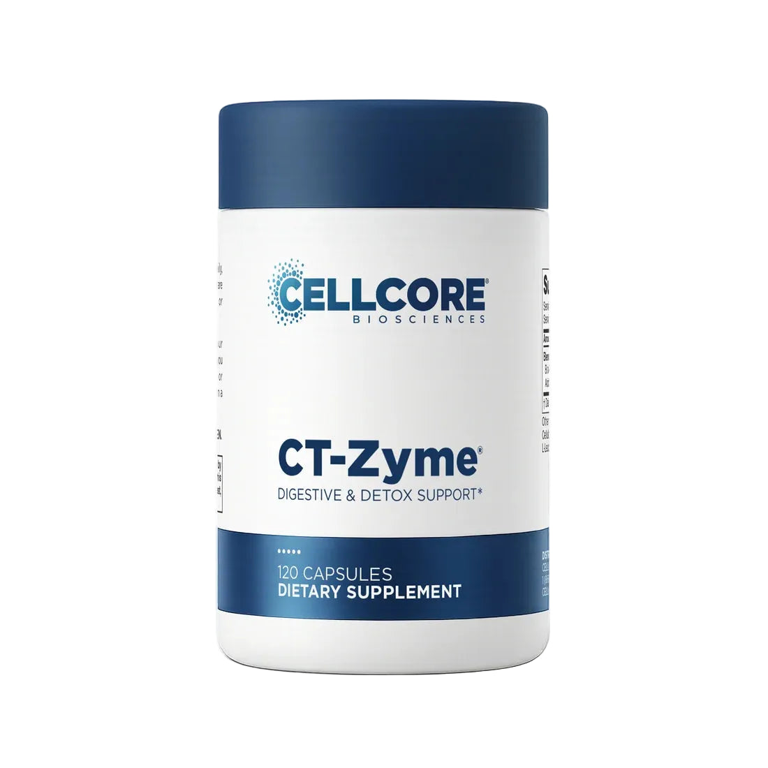 A white bottle of Cellcore Biosciences CT-Zyme dietary supplement with a dark blue cap and blue text, shown on a clean white background.