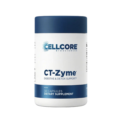 A white bottle of Cellcore Biosciences CT-Zyme dietary supplement with a dark blue cap and blue text, shown on a clean white background.
