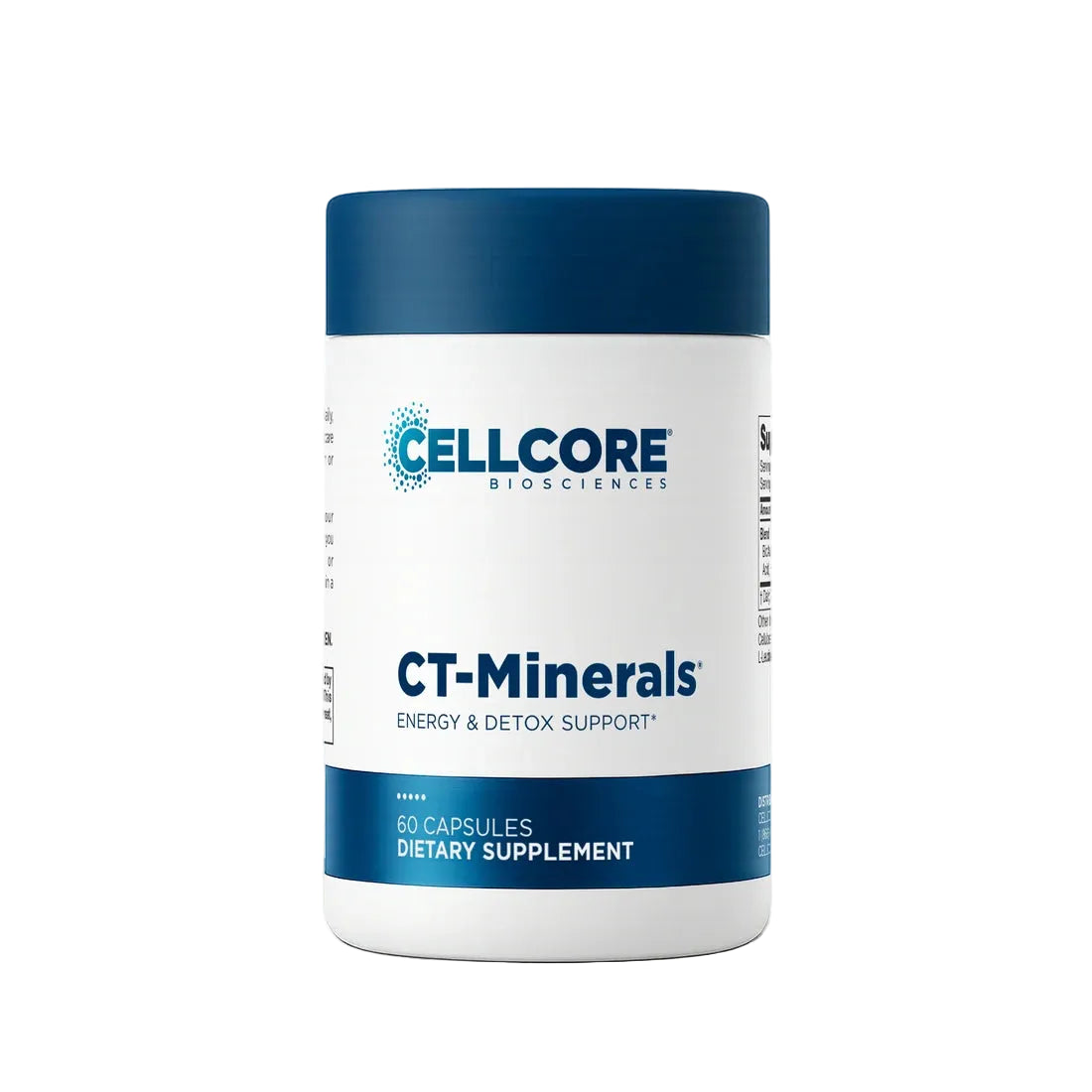 A white plastic bottle of Cellcore Biosciences CT-Minerals dietary supplement with a dark blue cap and blue text on the label, set against a plain white background.