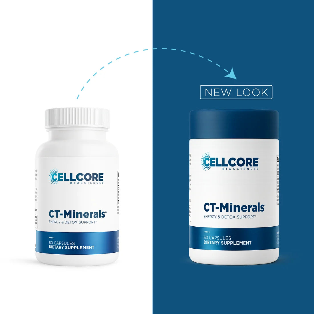 Two white supplement bottles labeled CELLCORE BIOLOGICS CT-Minerals are shown on a split white and dark blue background, with a dashed arrow and the words NEW LOOK indicating a product design update.