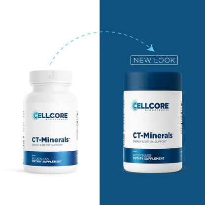 Two white supplement bottles labeled CELLCORE BIOLOGICS CT-Minerals are shown on a split white and dark blue background, with a dashed arrow and the words NEW LOOK indicating a product design update.