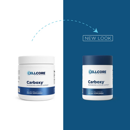 Two Cellcore Carboxy dietary supplement jars shown side by side on a split white and dark blue background, with a dashed arrow and the words 'NEW LOOK' indicating a design update.