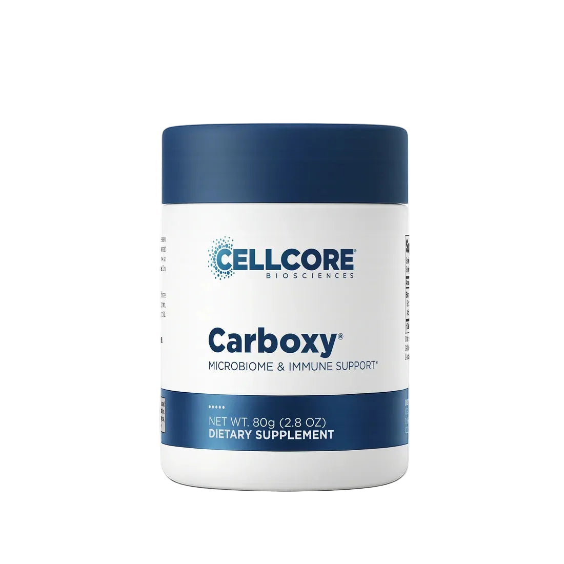 A white plastic supplement jar with a dark blue lid and blue branding, labeled Cellcore Biosciences Carboxy Microbiome & Immune Support, on a white background.