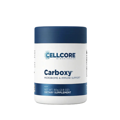 A white plastic supplement jar with a dark blue lid and blue branding, labeled Cellcore Biosciences Carboxy Microbiome & Immune Support, on a white background.