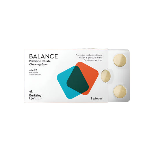 Balance prebiotic nitrate chewing gum packaging on a white background