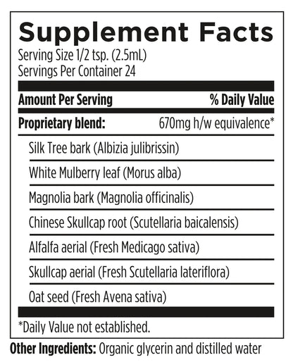 Supplement facts label with herbal ingredients and serving size details