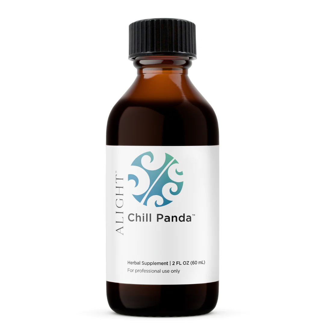 Bottle of 'Chill Panda' herbal supplement with 'Alight' branding on a white background