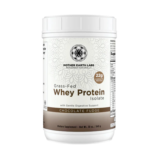 Container of Mother Earth Labs Grass-Fed Whey Protein Isolate on a white background.