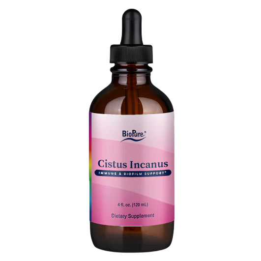 Bottle of BioPure Cistus Incanus dietary supplement with a pink label on a white background