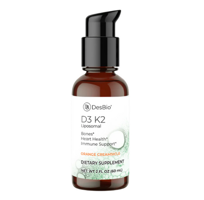 DesBio D3 K2 dietary supplement bottle on a white background