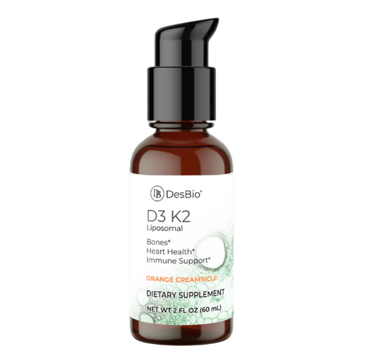 DesBio D3 K2 dietary supplement bottle on a white background