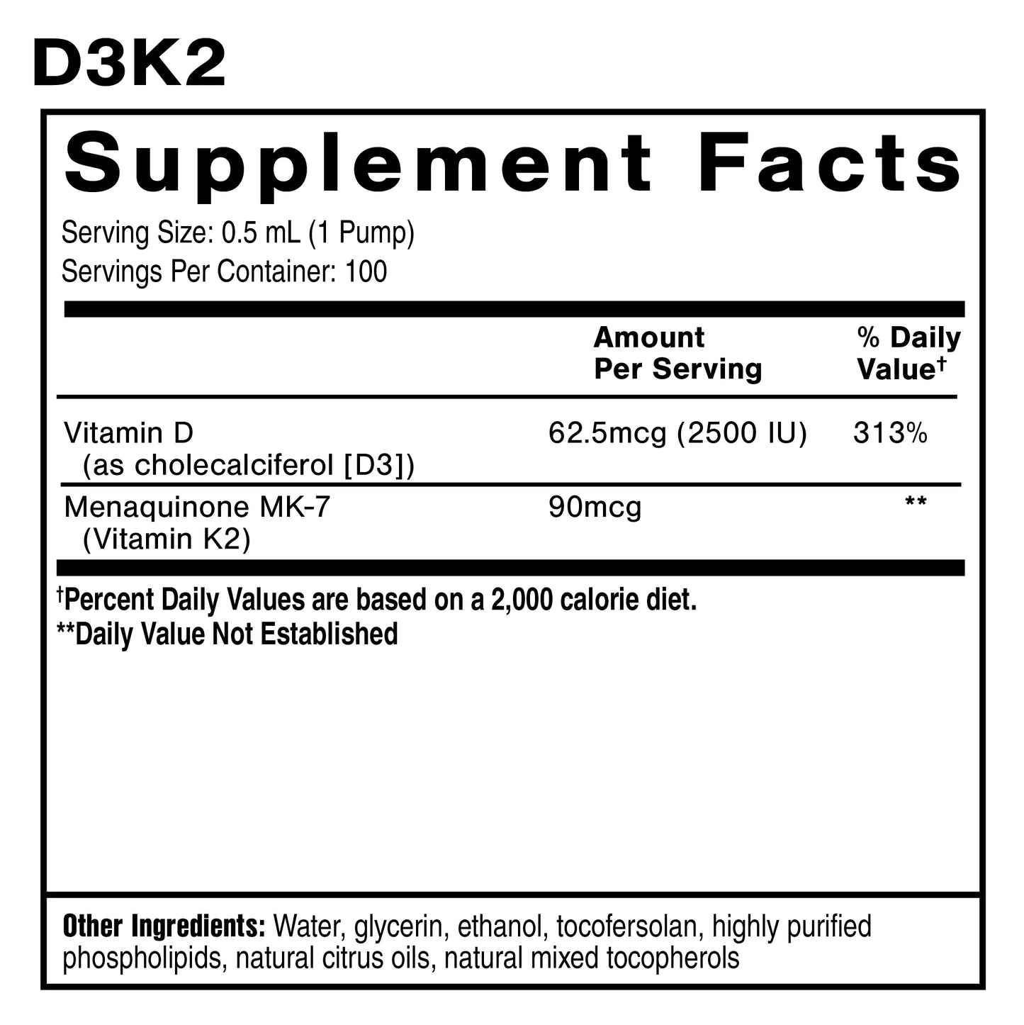 Supplement facts label for a product with Vitamin D and Menaquinone MK-7 content.