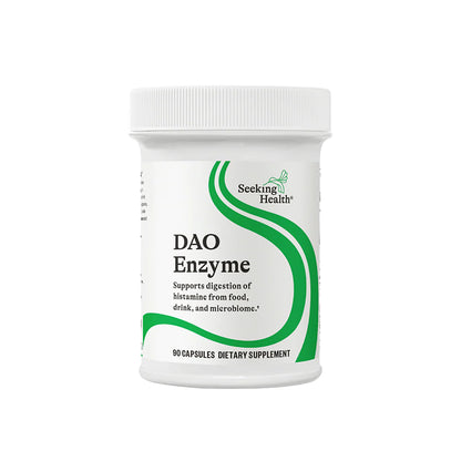 DAO Enzyme supplement container with Seeking Health branding on a white background