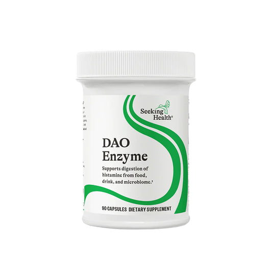 DAO Enzyme supplement container with Seeking Health branding on a white background