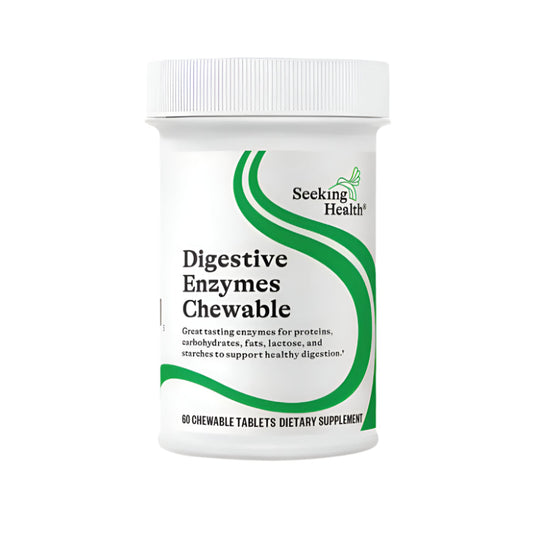 A bottle of Digestive Enzymes Chewable by Seeking Health with green label detailing product information.