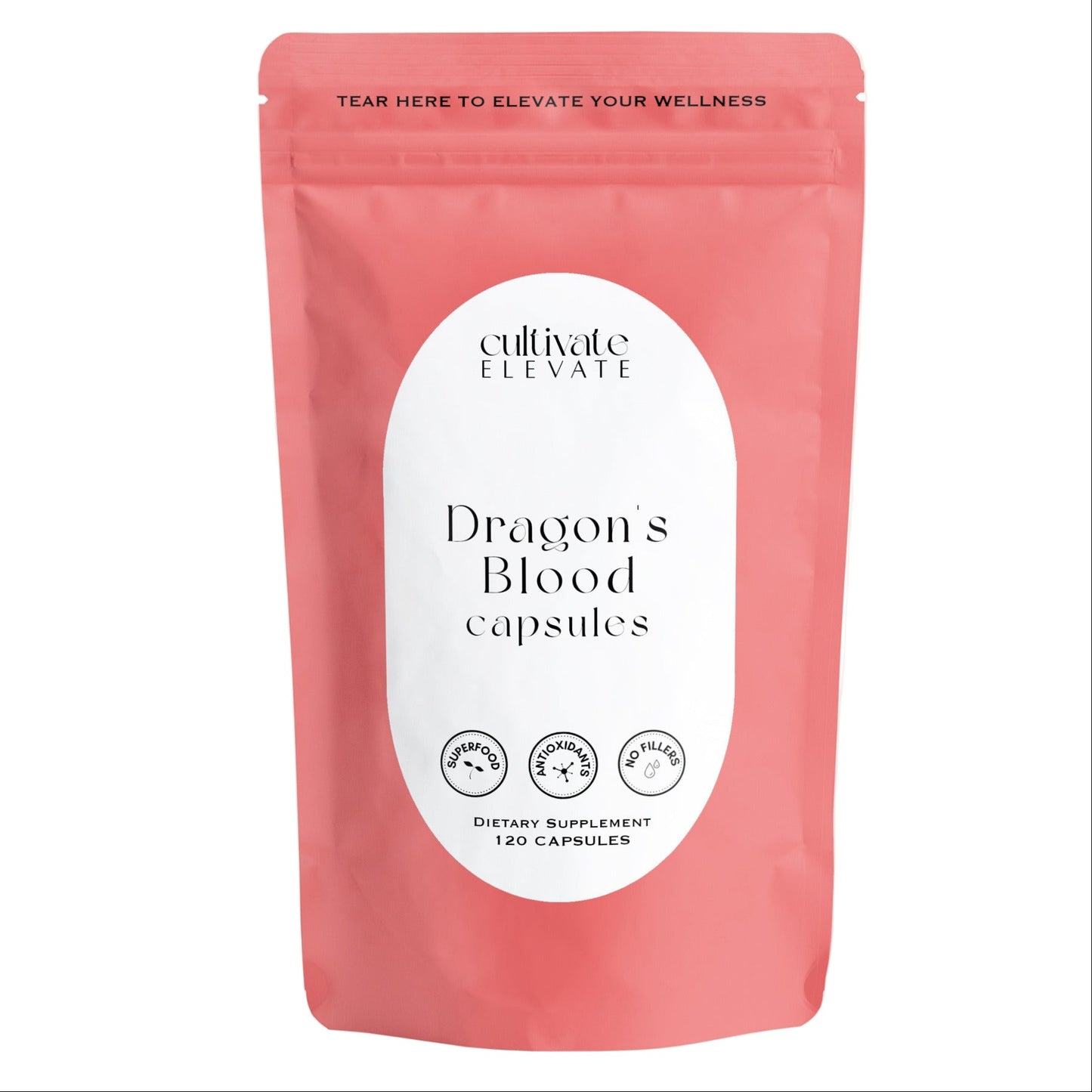 Pink package of 'Dragon's Blood capsules' by 'cultivate Elevate' on a white background