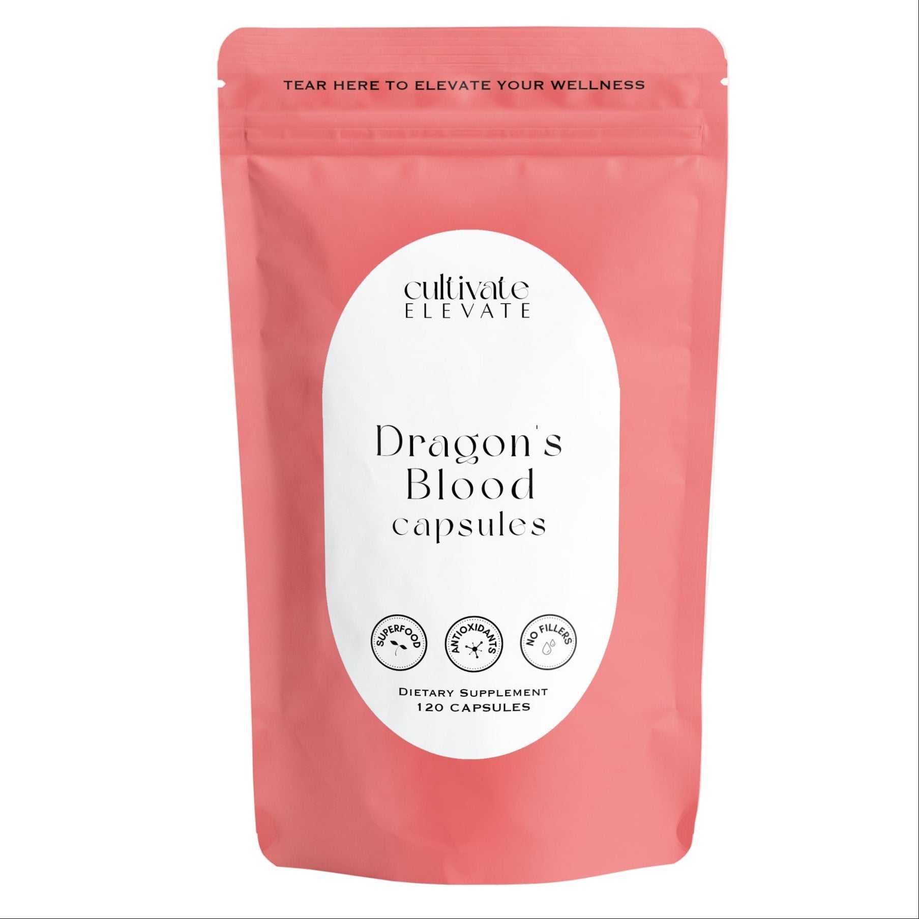 Pink package of 'Dragon's Blood capsules' by 'cultivate Elevate' on a white background