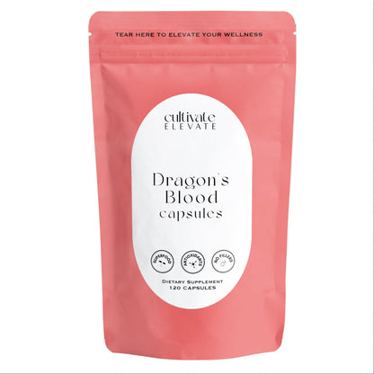 Pink package of 'Dragon's Blood capsules' by 'cultivate Elevate' on a white background