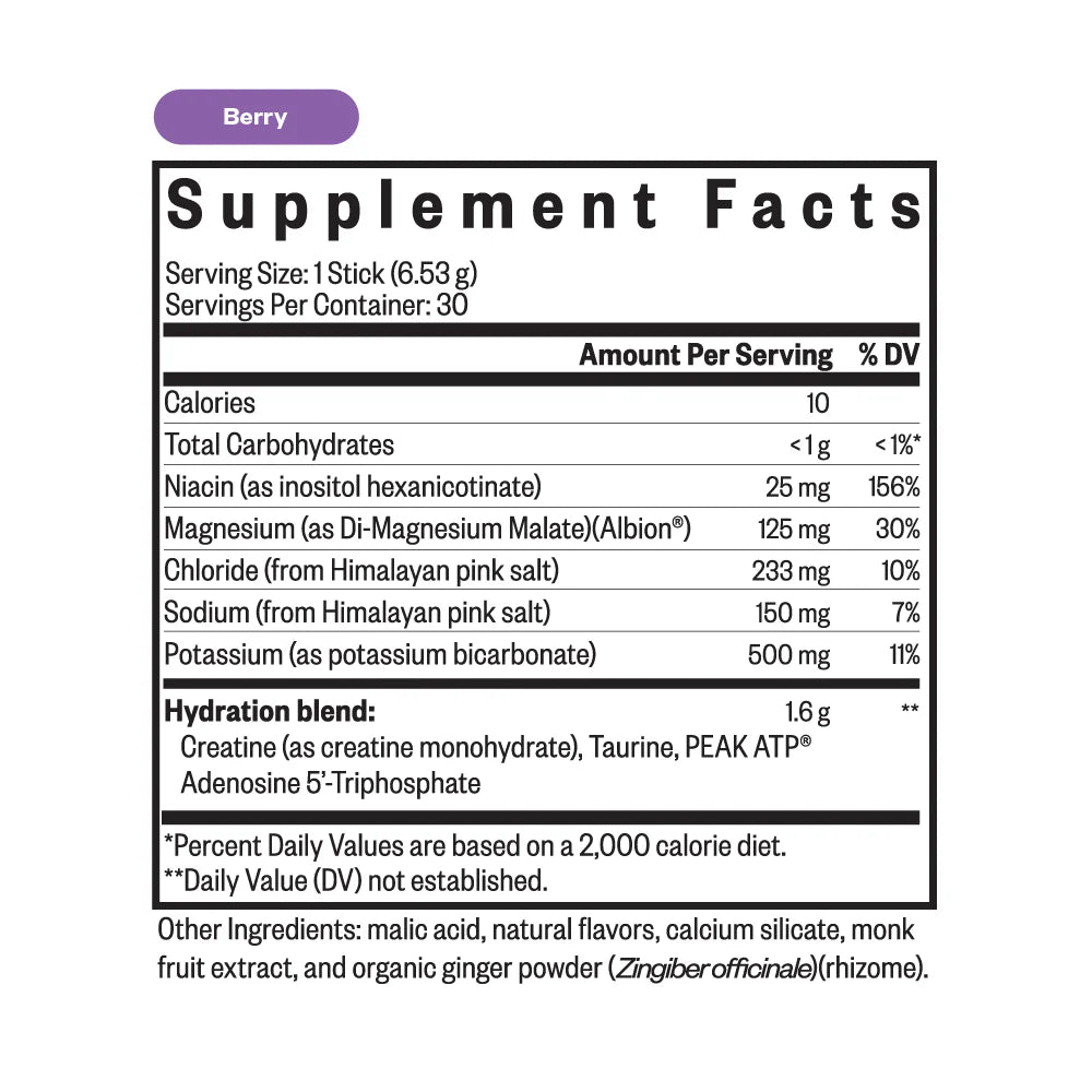 Supplement facts label for a berry-flavored product on a white background