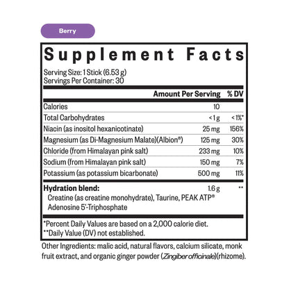 Supplement facts label for a berry-flavored product on a white background