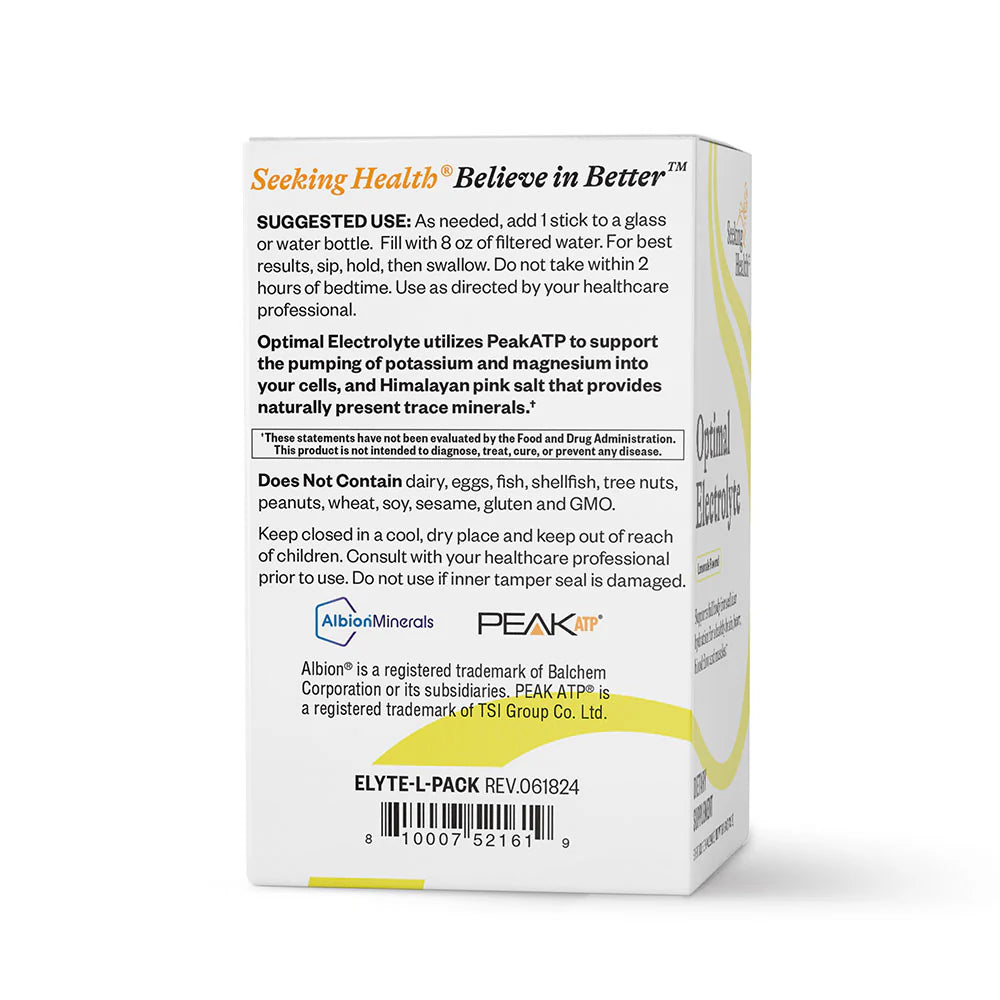 Seeking Health electrolyte pack box on a white background