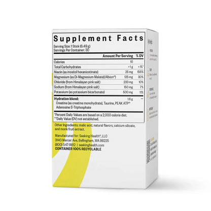 Supplement package with detailed nutritional information on a white background