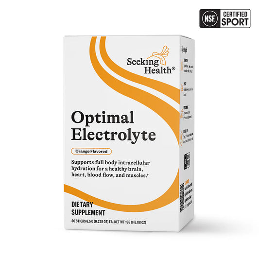Box of Seeking Health Optimal Electrolyte supplement on a white background