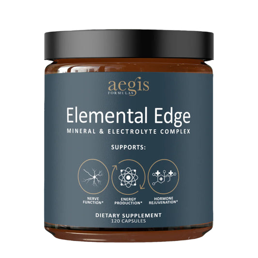 Supplement jar labeled 'Elemental Edge' by aegis FORMULAS on a white background