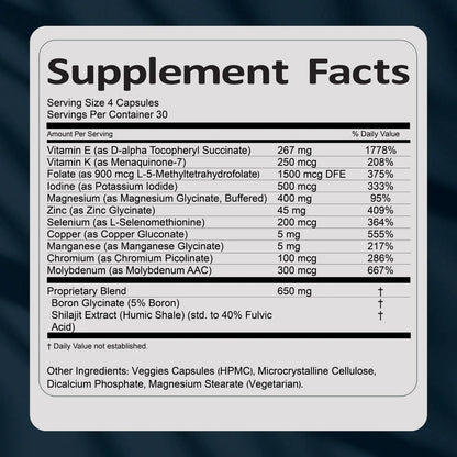 Supplement facts label with detailed nutritional information on a dark background