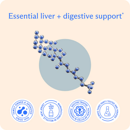 Molecular structure with 'Essential liver + digestive support' text on a beige background