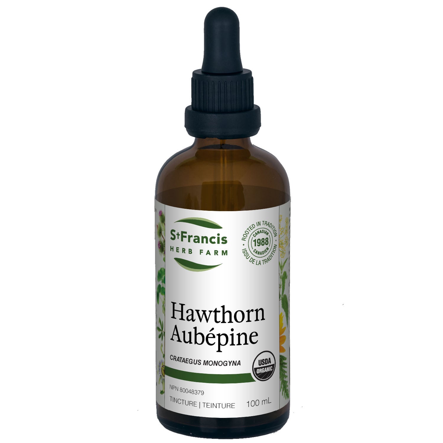A bottle of Hawthorn tincture by St. Francis Herb Farm, with a label indicating the product name and dosage information.